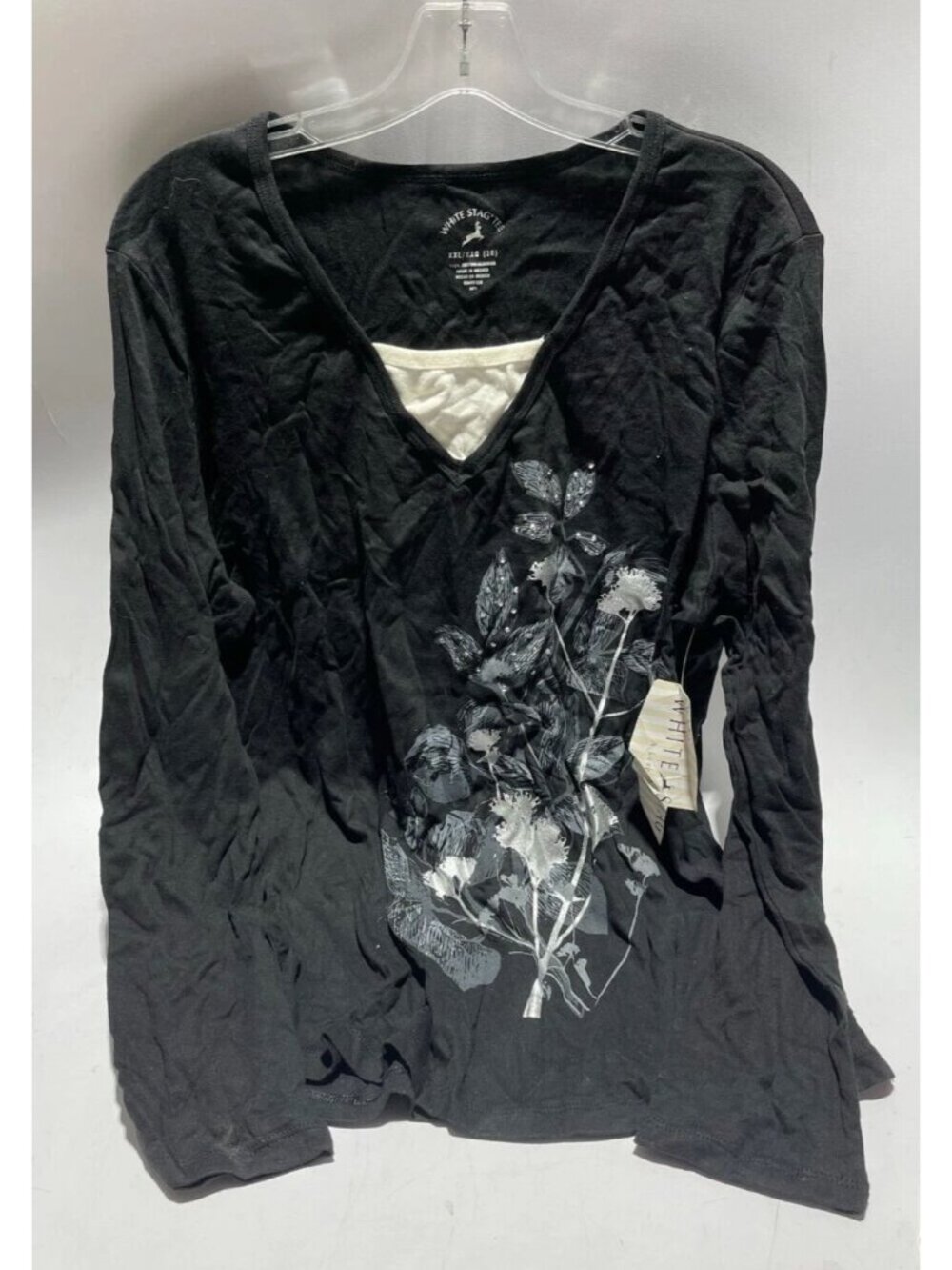 WHITE STAG TOP WOMENS 2X BLACK FLORAL V-NECK SHIRT